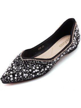Women's Black Rhinestone Flats Pointed Toe Pearl Diamond Low Heel Ballet Shoes